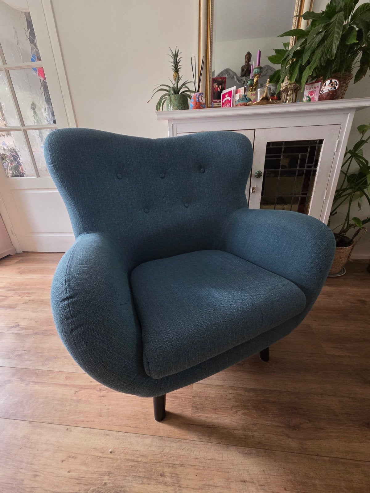 Comfortabele fauteuil in blauwe stof, Modern, Comfortabel, 75 tot 100 cm, Ophalen of Verzenden, Zo goed als nieuw