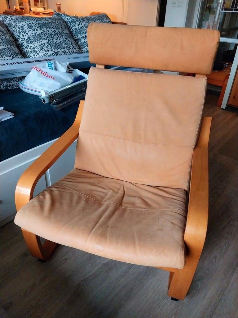 Ikea Poang massief beuken leunstoel met echt leren bekleding, Ophalen, Gebruikt, Stof, 50 tot 75 cm