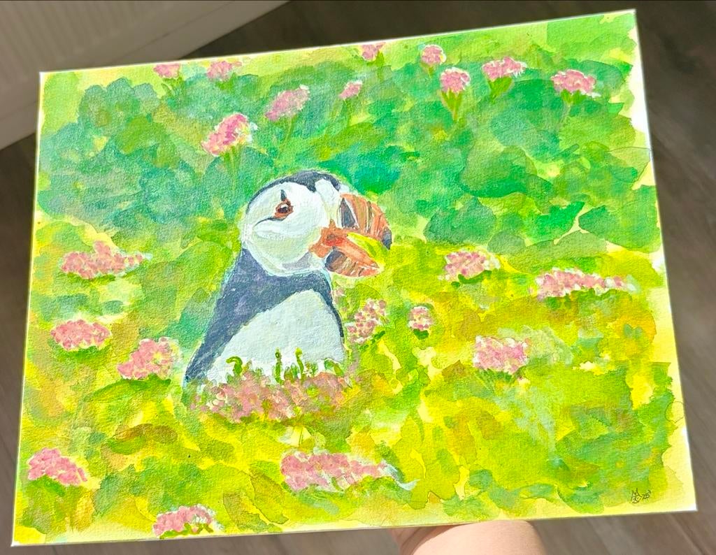 Gouache Puffin Landschap Schilderij 20x30, Antiek en Kunst, Kunst | Schilderijen | Modern, Verzenden