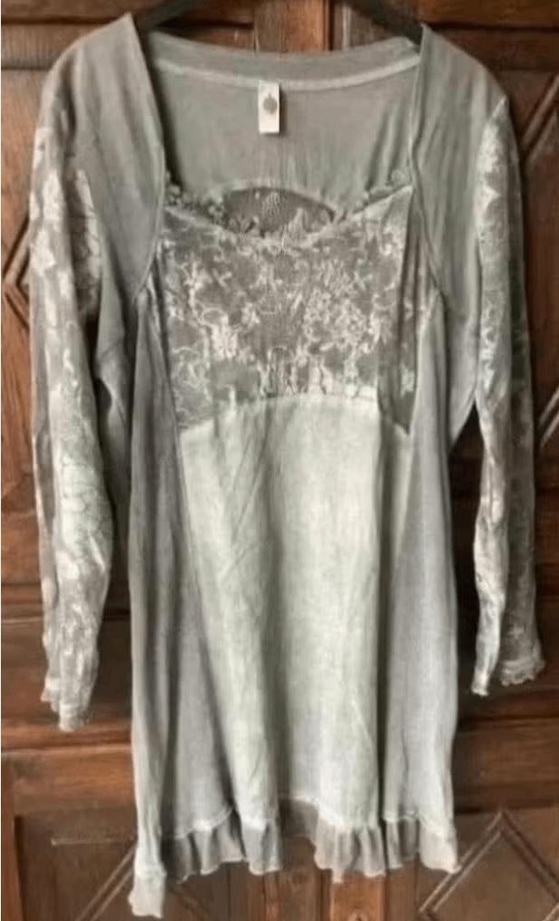 Grijze tuniek, top, shirt met kanten details; 44; TREDY, Maat 42/44 (L), Ophalen of Verzenden, Zo goed als nieuw, Lange mouw