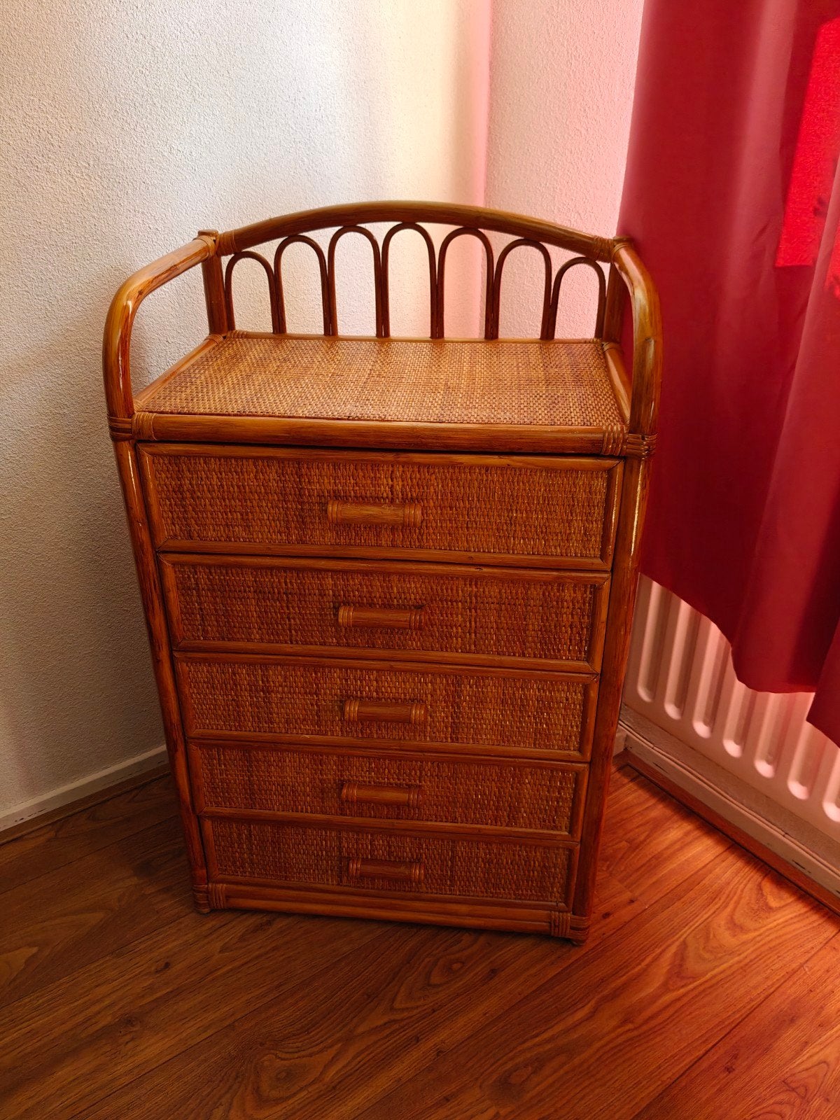 Vintage Rotan Rieten Ladekast Kast Vijf Lades, Huis en Inrichting, Woonaccessoires | Krantenbakken en Lectuurbakken, Ophalen