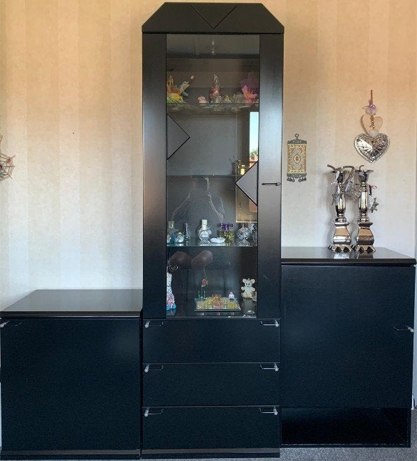 Zwart wandmeubel, Ophalen, Met plank(en), Gebruikt, Glas