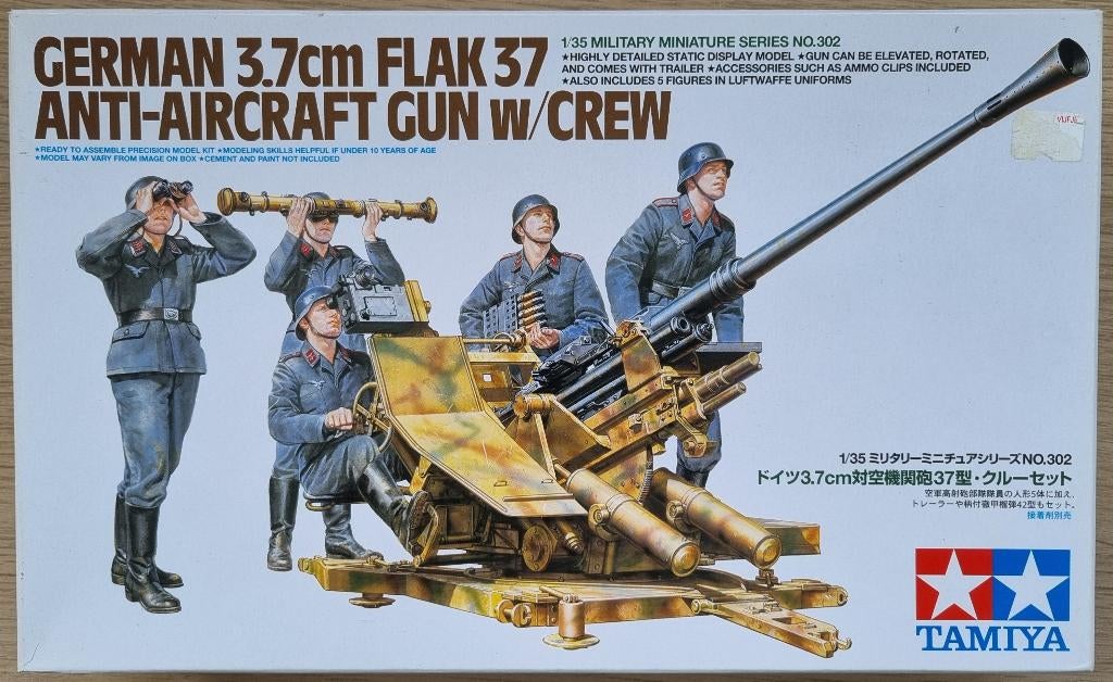 Tamiya #35302 1:35 WWII German 3.7cm Flak 37 AA-Gun w/ Crew, Hobby en Vrije tijd, Modelbouw | Auto's en Voertuigen, 1:32 tot 1:50