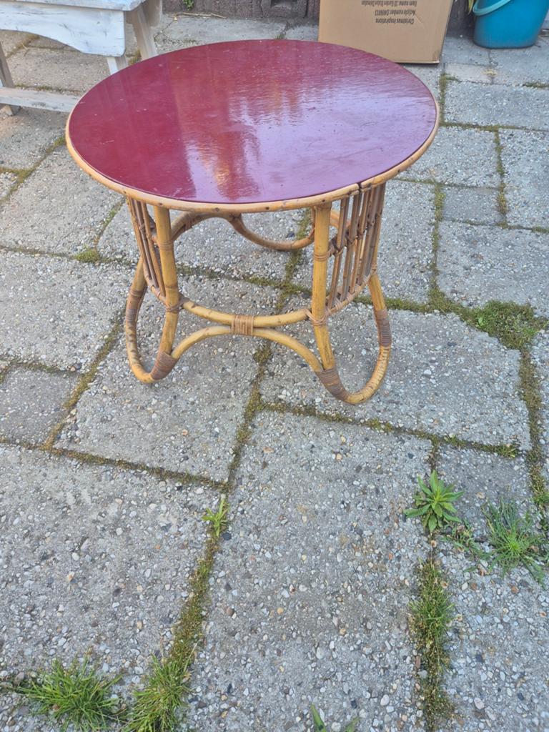 Vintage bamboe rotan salon tafel, Ophalen, Rond, 45 tot 60 cm