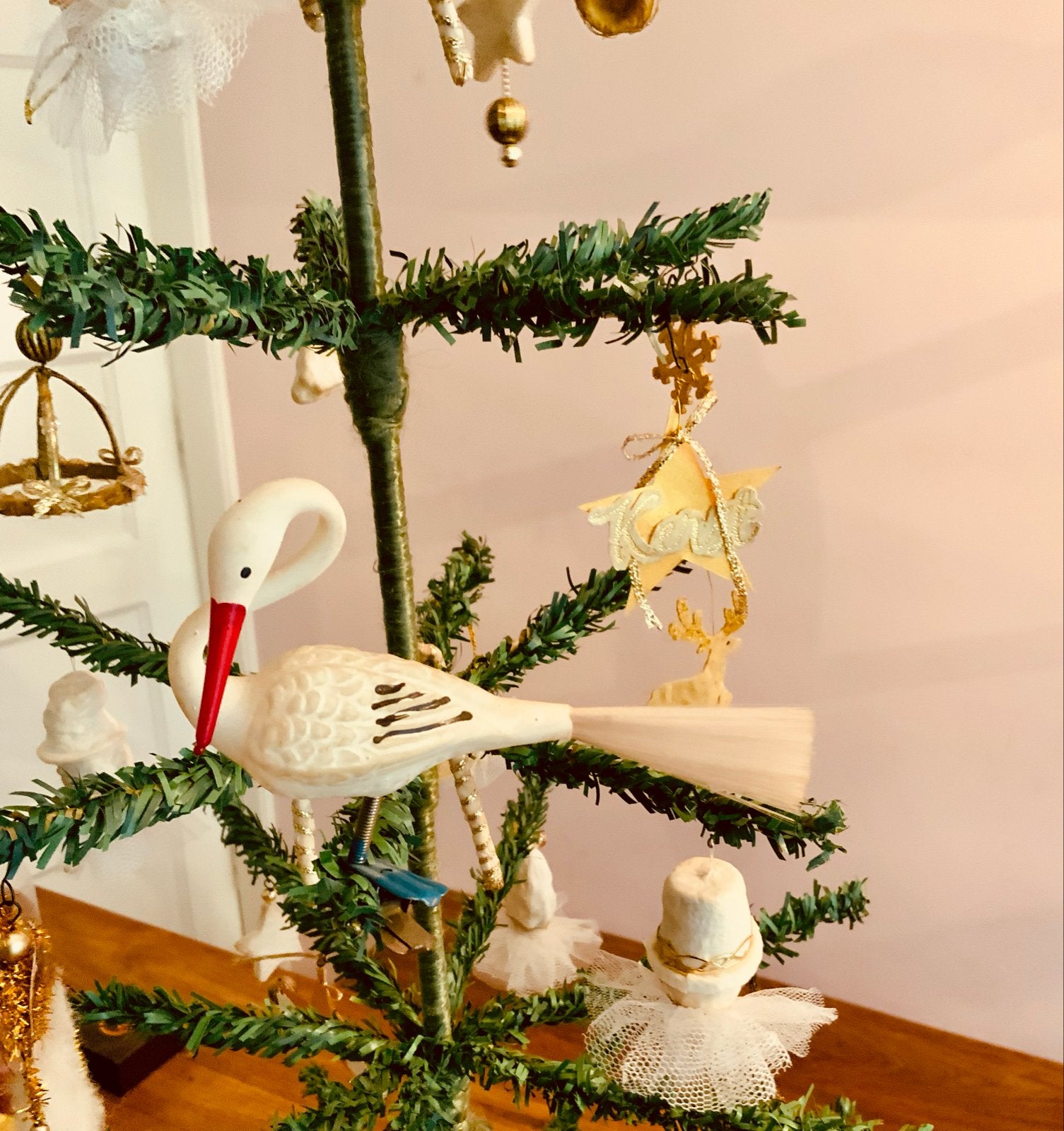 Antieke kerstversiering ooievaar op knijper, circa 1920, Ophalen of Verzenden