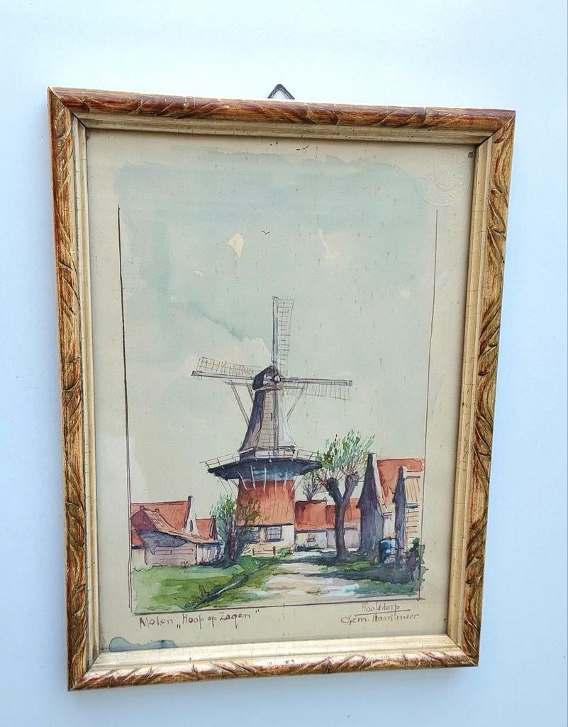 Oude Aquarel Molen Hoop Op Zegen Hoofddorp Schilderij, Verzenden
