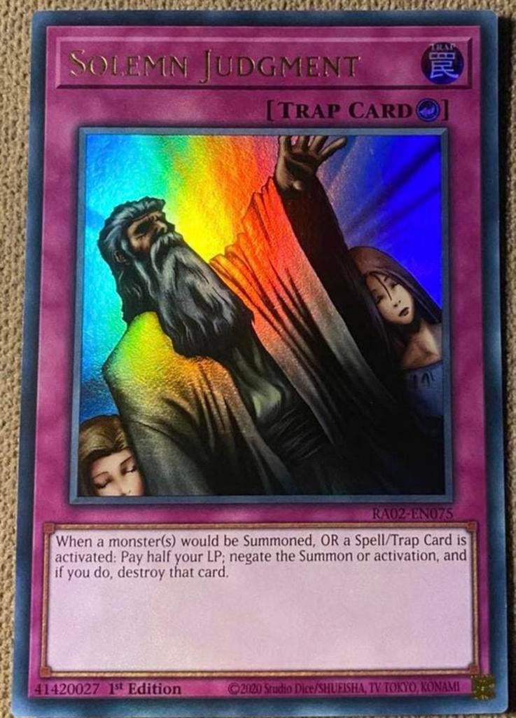 Yu-Gi-Oh! Solemn Judgment RA02 1st Edition !, Ophalen of Verzenden, Zo goed als nieuw, Losse kaart, Foil