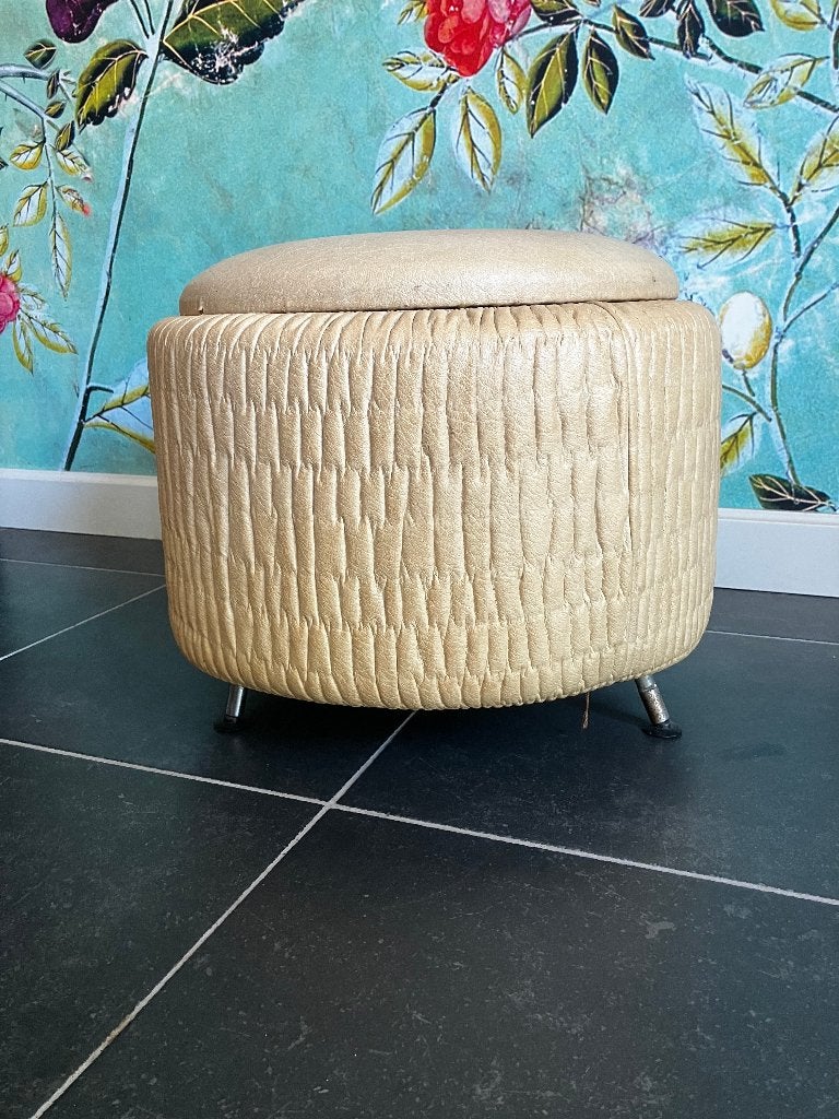 Vintage Champagne Skai Poef met deksel, Ophalen, Gebruikt, Rond, Minder dan 50 cm