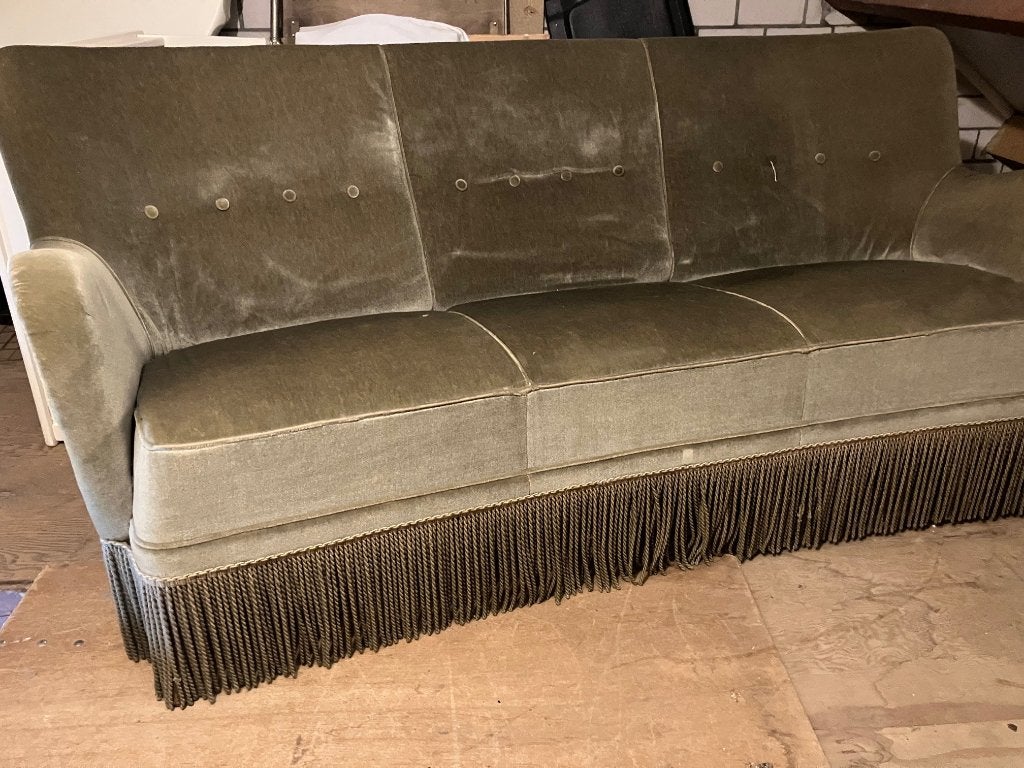 Retro vintage 3-zits bank – oud groen fluweel, Ophalen, Gebruikt, Driepersoons, 75 tot 100 cm