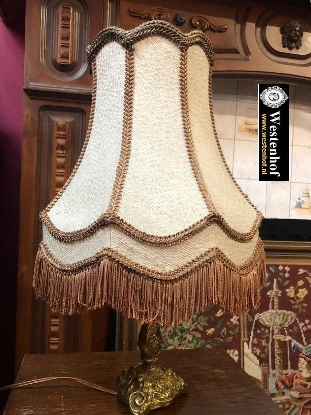 Antieke barok tafellamp klassiek lampenkap met franjes bruin, Antiek en Kunst, Ophalen of Verzenden