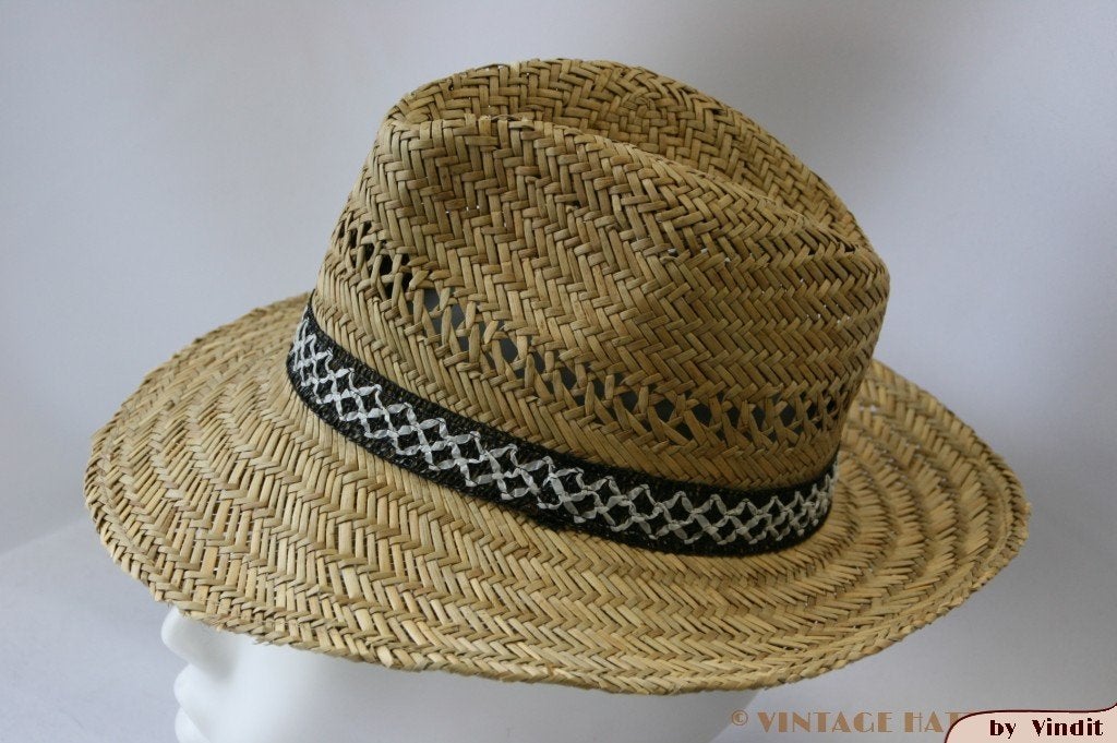Vintage Gleufhoed stro met witte kruisjes band 55 = S tot XS, Ophalen of Verzenden, Gedragen, 55 cm (S, 6⅞ inch) of minder, Hoed