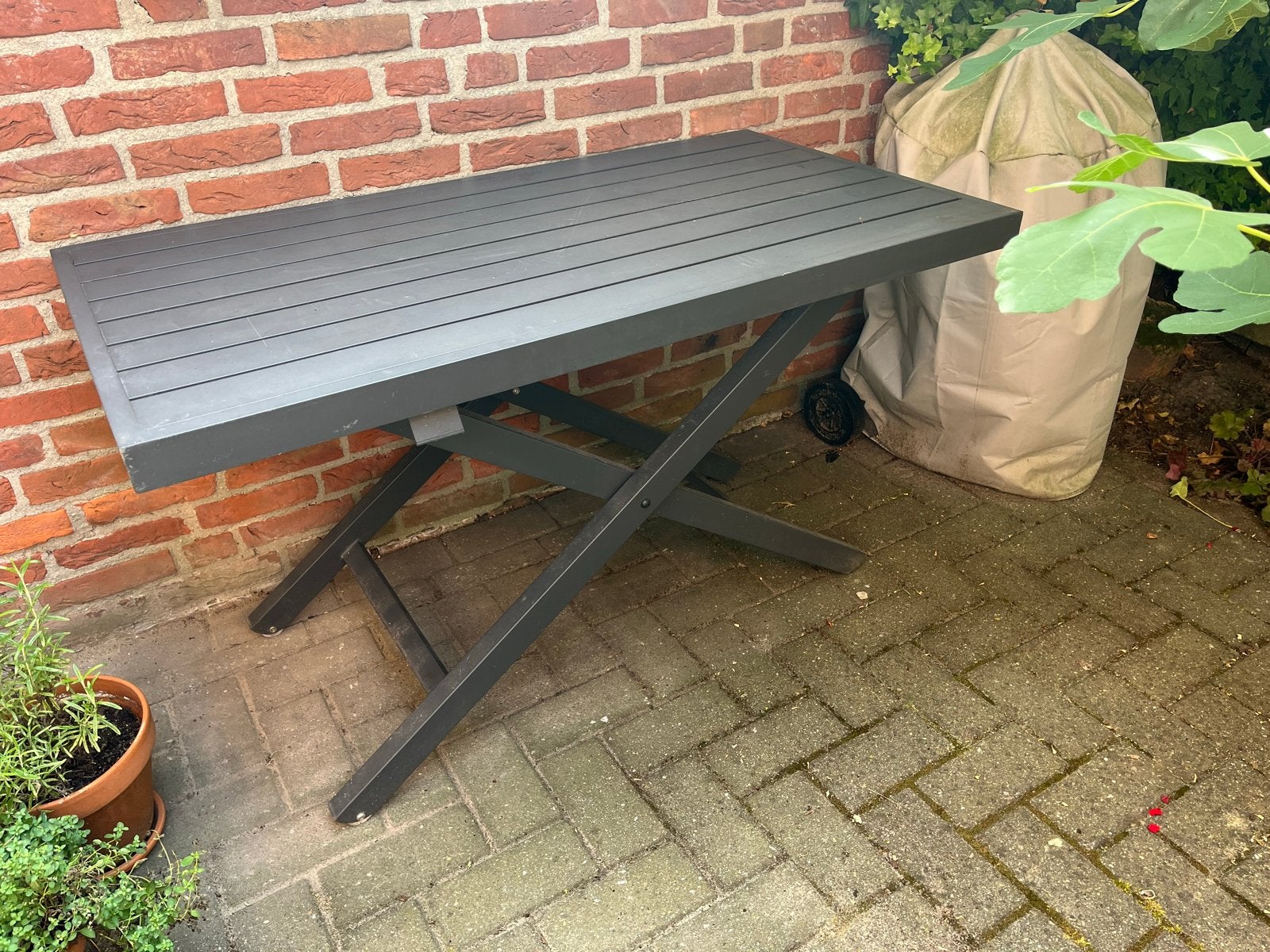 In hoogte verstelbare aluminium tuintafel 120x65 cm, Ophalen, Gebruikt, Rechthoekig, Aluminium