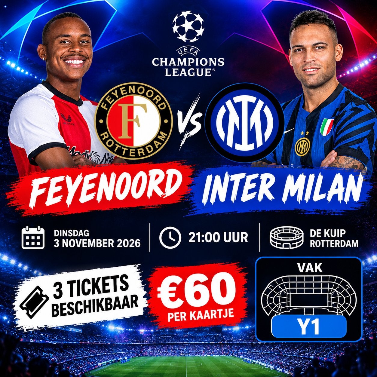 Feyenoord - inter Milan 3 kaarten op vak Y1, Losse kaart, Drie personen of meer, November, Europa of Champions League