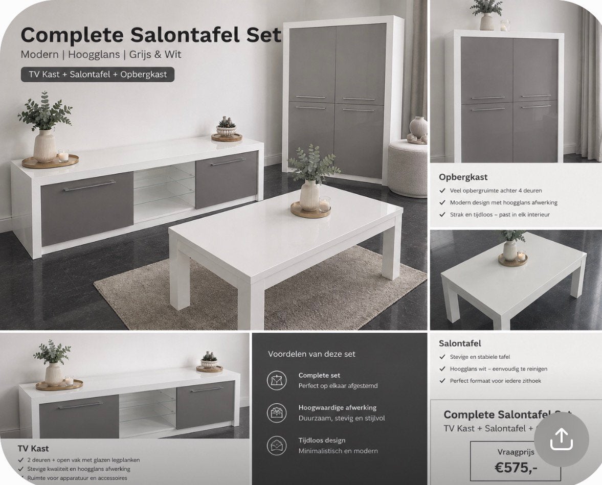 TV MEUBEL- SALONTAFEL - OPBERGKAST | WIT GRIJS HOOGGLANS MDF, Ophalen