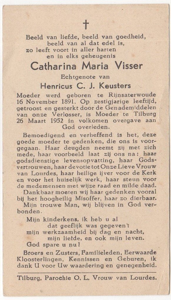 Catharina Maria Visser 1891 Rijnsaterwoude + 1952 Tilburg, Ophalen of Verzenden