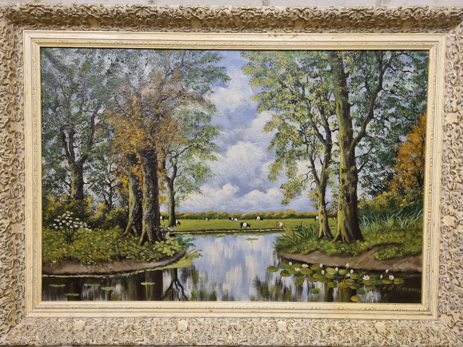 Klassiek olieverfschilderij: Hollands Landschap met Koeien, Doek, Ophalen of Verzenden, Landschap, Klassiek