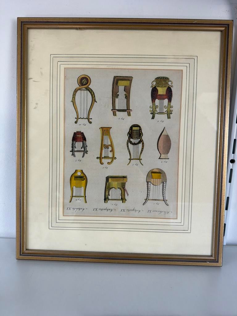 Antieke prent muziekinstrumenten, handgekleurde gravure, Ophalen