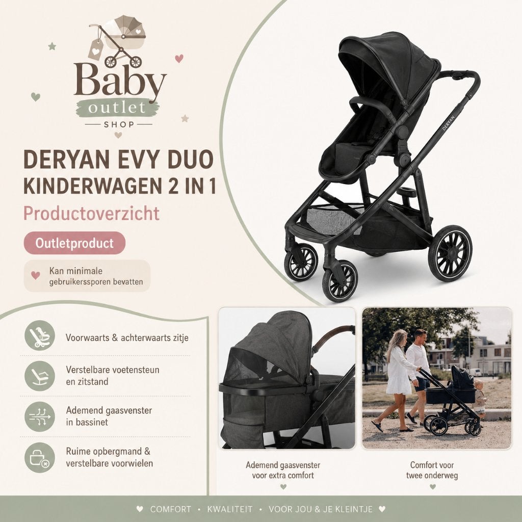 Deryan Evy V2 Duo Kinderwagen - Extra zitje - Zwart, Ophalen of Verzenden