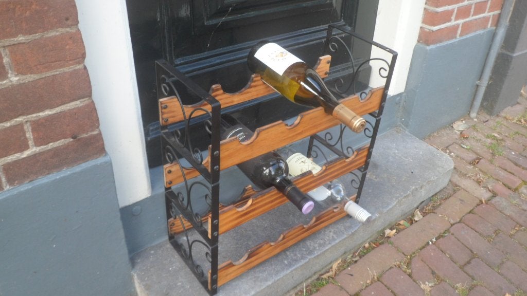 Mooi wijnrek metaal hout voor 12 flessen 3 delen stapelbaar, Gebruikt, 5 tot 15 flessen, Ophalen of Verzenden, 5 – 50