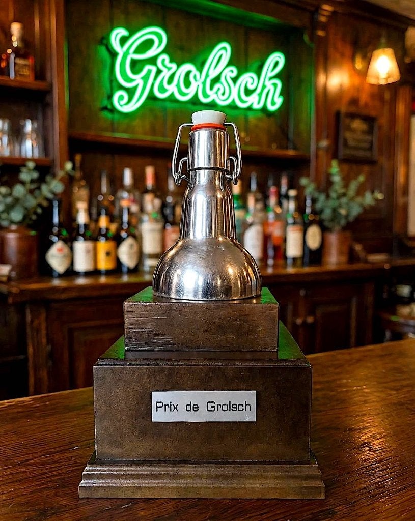 Grolsch trofee gepolijst aluminium op brons kleurige voet, Verzamelen, Ophalen of Verzenden, Zo goed als nieuw, Overige typen