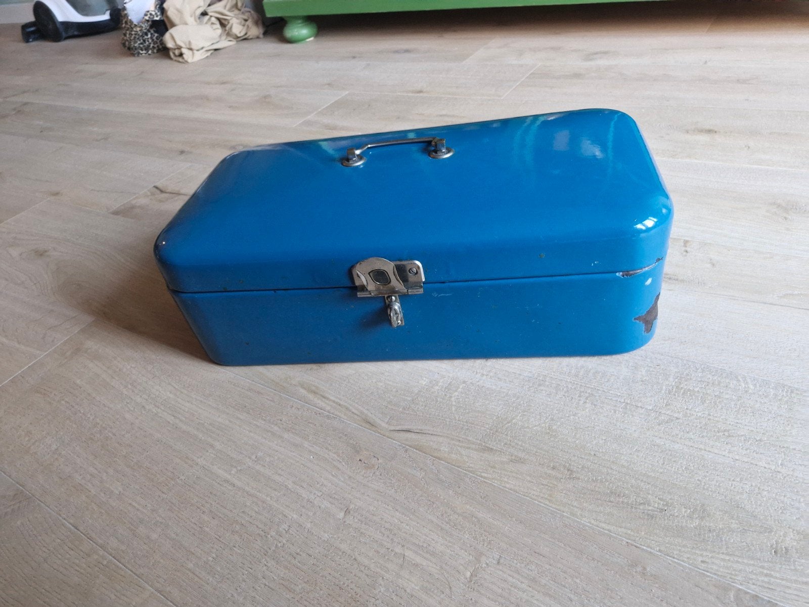 Vintage emaille broodtrommel petrol, Antiek en Kunst, Ophalen