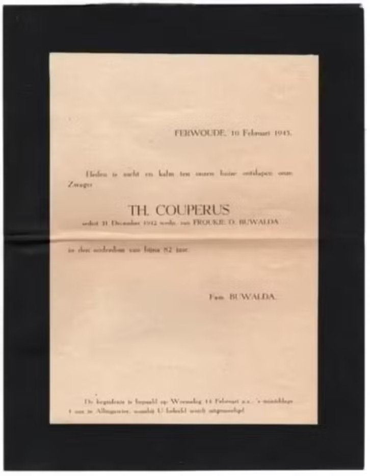 Rouwbrief Ferwoude Allingawier Couperus Buwalda 1945., Ophalen of Verzenden, Rouwkaart