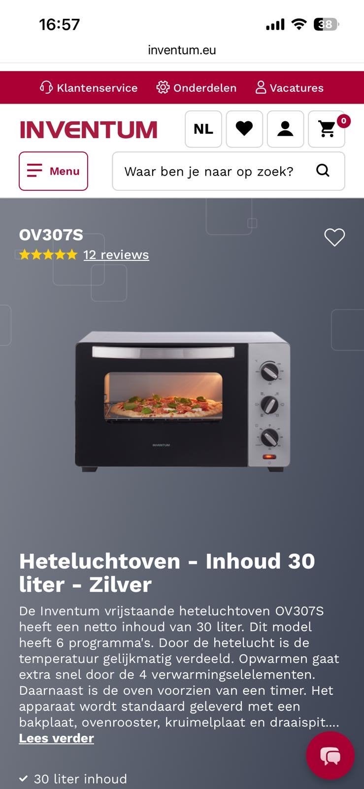 Inventum OV307S Heteluchtoven - 30 liter - Zo goed als nieuw, Ophalen, Minder dan 45 cm, Hete lucht, Inventum