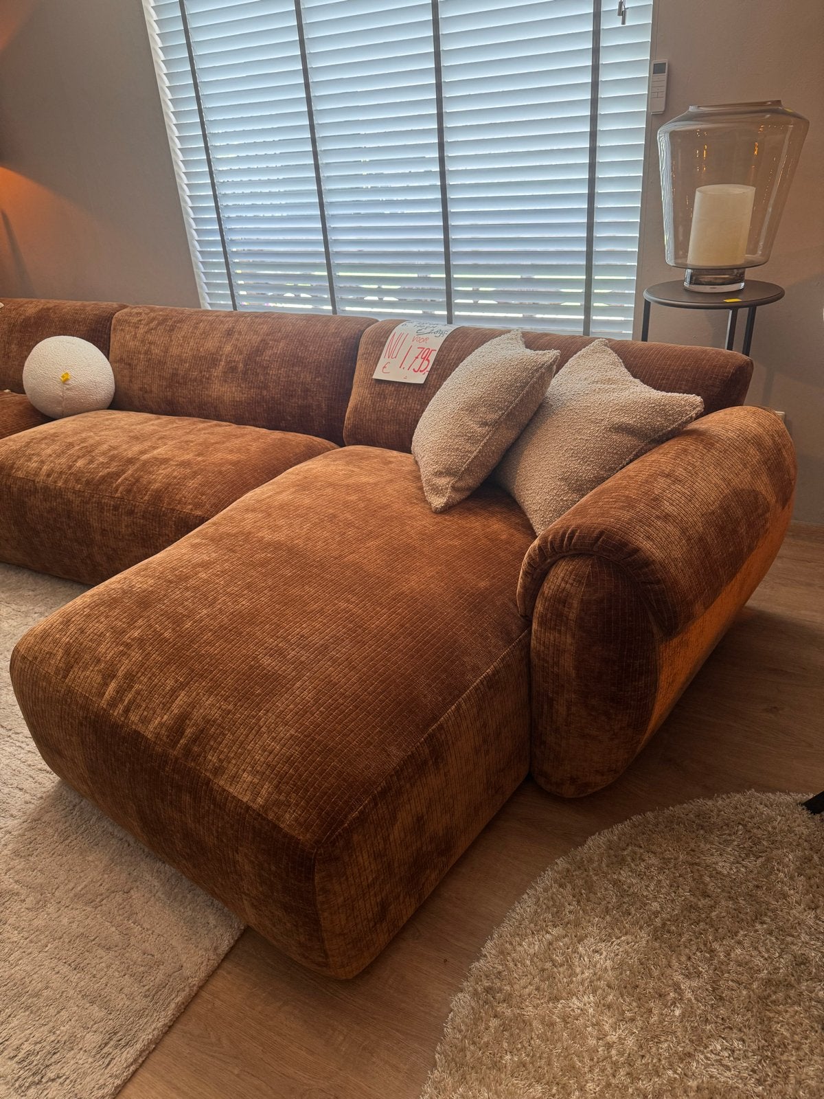 Loungebank met chaise-longue in steenrode ribstof, Ophalen, Stoer, Hoekbank, 75 tot 100 cm