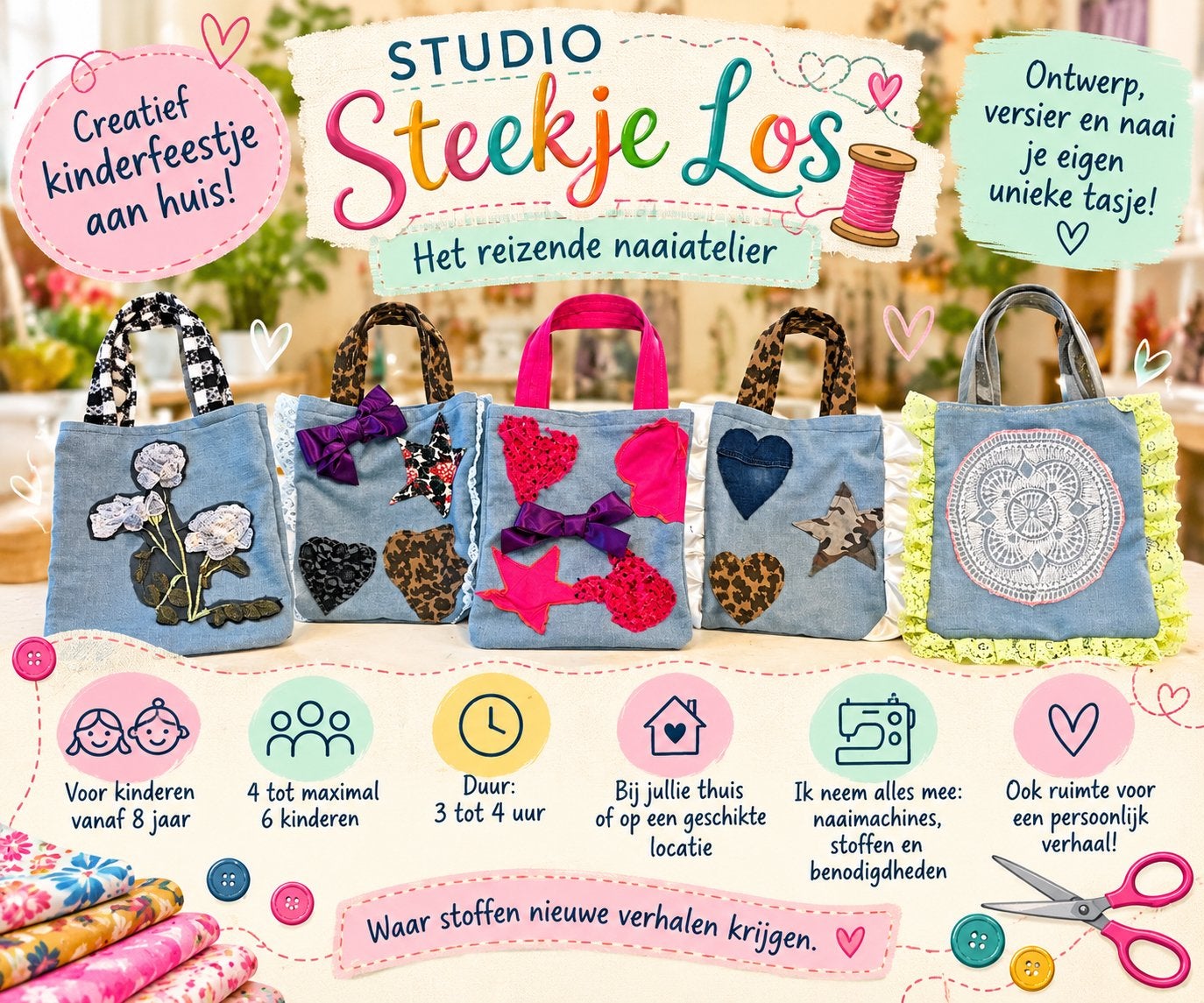 Kinderfeestje aan huis | Zelf tasjes naaien | Amsterdam, Hobby en Vrije tijd, Ophalen of Verzenden, Zo goed als nieuw, Overige typen