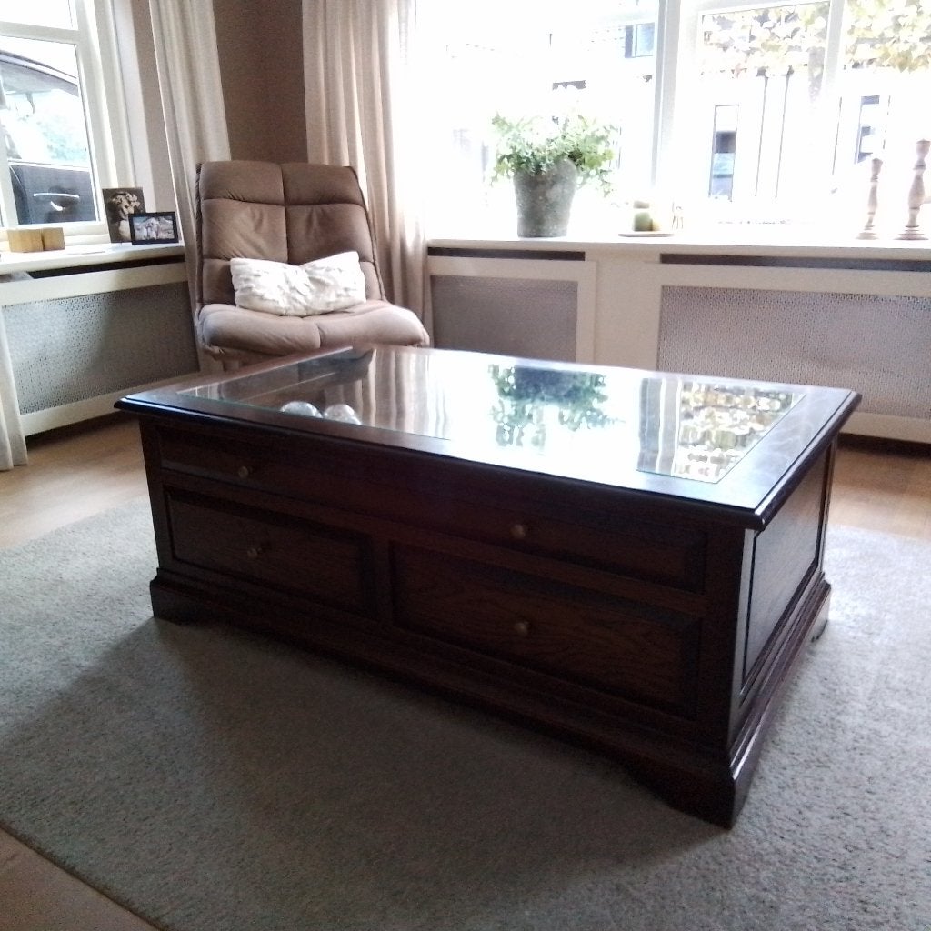 Salontafel met glasplaat en lades, Huis en Inrichting, Ophalen, Gebruikt, Klassiek, 50 tot 100 cm