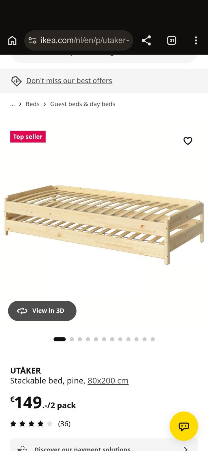 Ikea UTÅKER stapelbed (zonder matras), Huis en Inrichting, Ophalen, Gebruikt, Tweepersoons, 80 cm