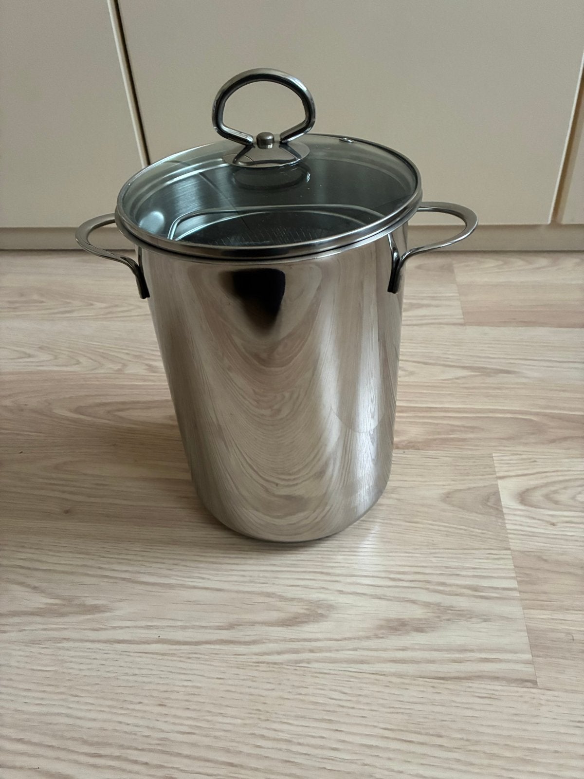 RVS Kookpan met glazen deksel en vergiet, Gebruikt, Met deksel, Ophalen of Verzenden, Rvs