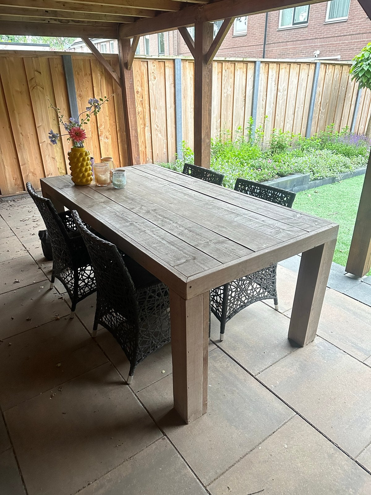 Robuuste steigerhouten tuintafel met 4 stoelen, Tuin en Terras, Tuintafels, Ophalen, Gebruikt, Rechthoekig, Hout
