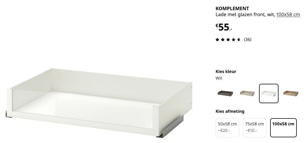 2 x IKEA Komplement lade met glazen front, wit, 100 x 58 cm, Ophalen, 50 tot 100 cm, Zo goed als nieuw, Minder dan 100 cm