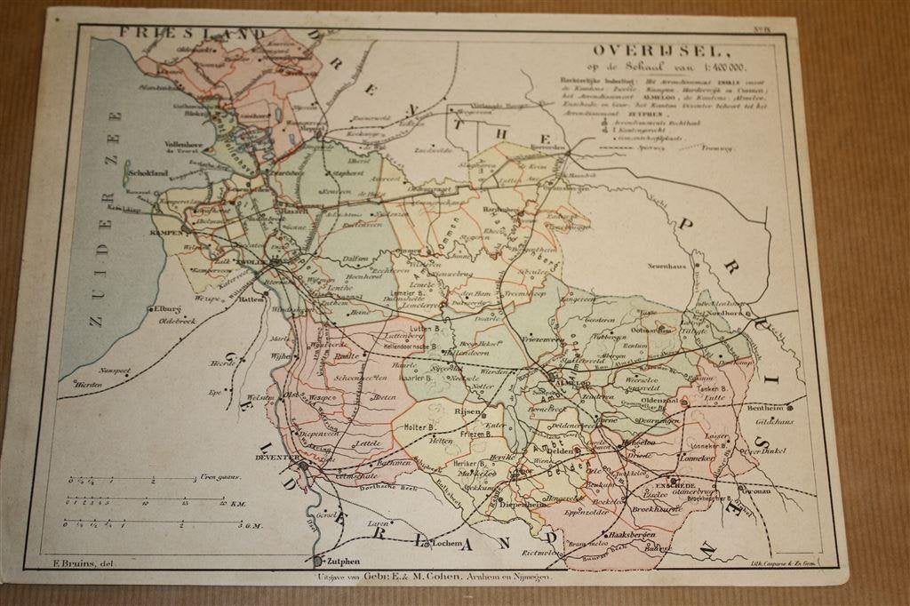 Antieke provinciekaart - Overijssel - Bruins 1895 !!, Boeken, Atlassen en Landkaarten, Gelezen, Ophalen of Verzenden, Landkaart