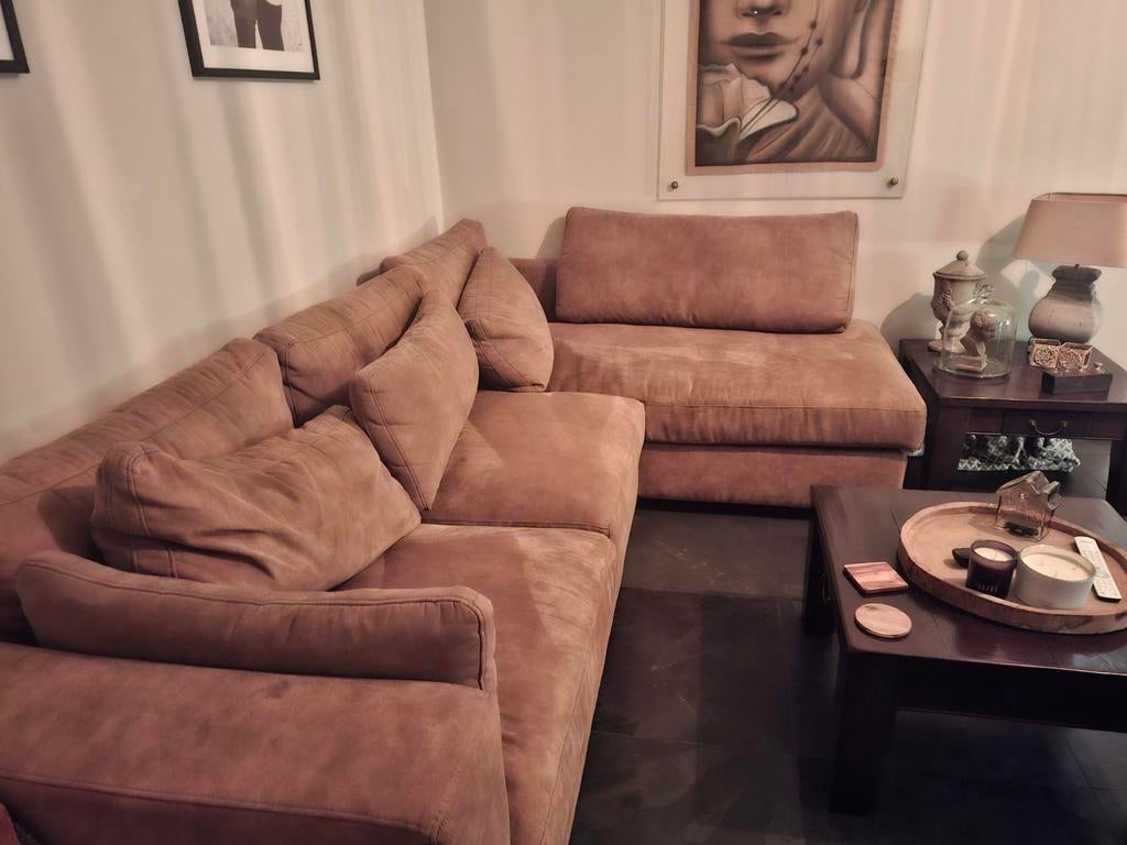 Comfortabele hoekbank in bruine stof, Huis en Inrichting, Banken | Bankstellen, Ophalen, 250 tot 300 cm, Gebruikt, 100 tot 125 cm