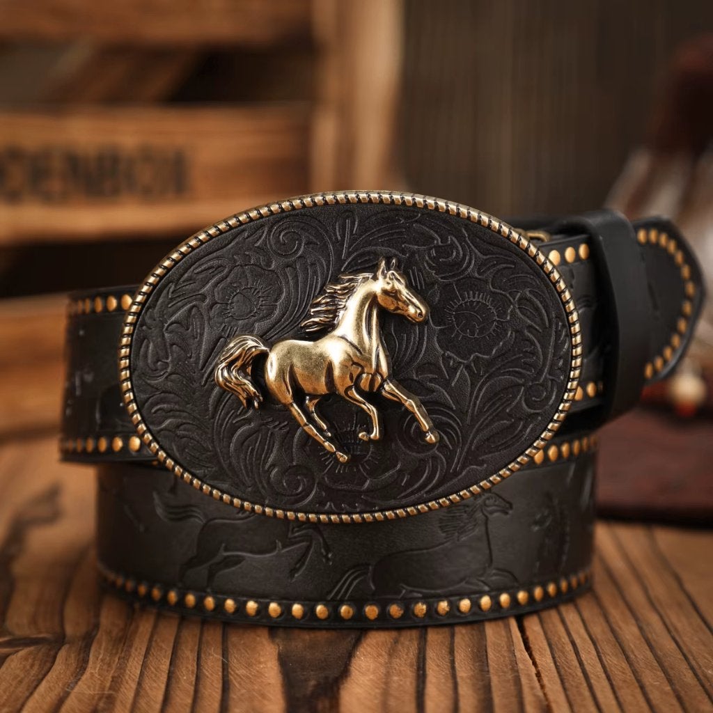 Zwarte kunstleren western riem met paard, Verzenden, Zwart, Nieuw, 115 cm of meer