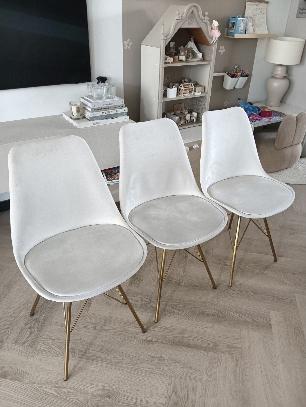 6 velvet ivoor eetkamerstoelen Kick collection, Huis en Inrichting, Stoelen, Ophalen, Japandi, Gebruikt, Wit