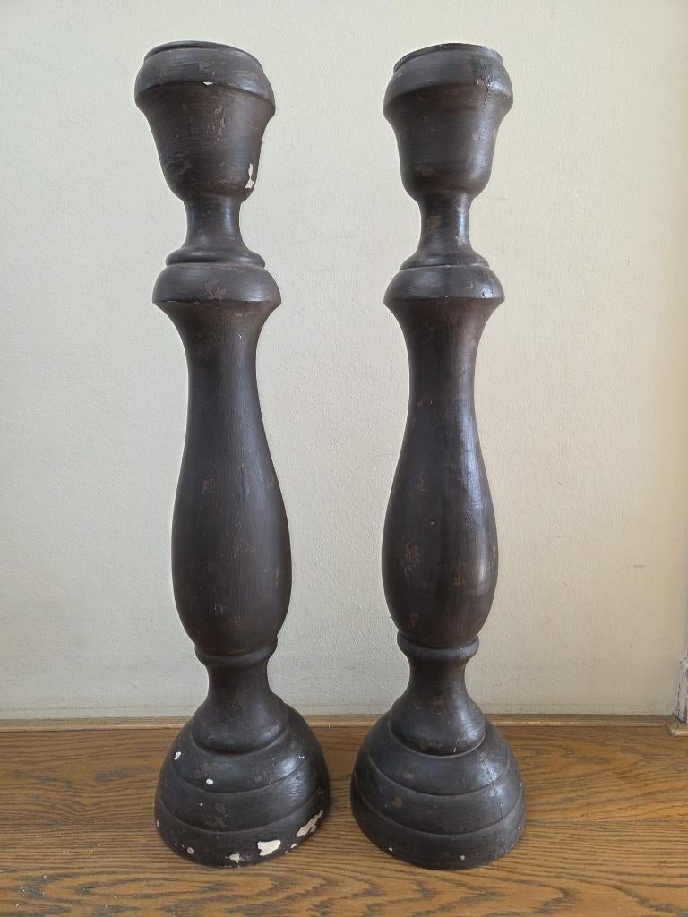 Set 2 grote houten kandelaars, Ophalen, Gebruikt, Bruin, Kandelaar