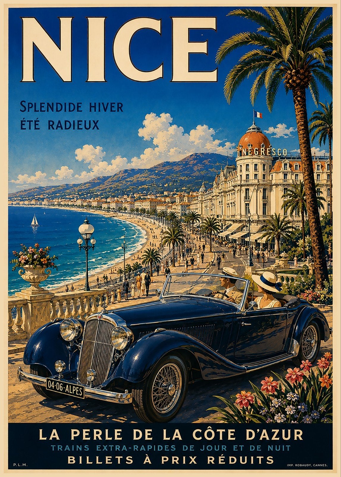 Vintage Nice Côte d'Azur Art Deco Reclame Poster, Rechthoekig Staand, Ophalen of Verzenden, Zo goed als nieuw, A1 t/m A3