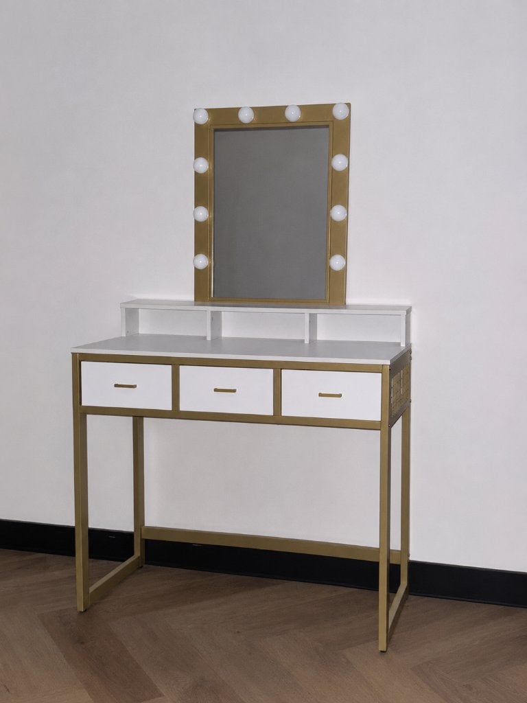 Kaptafel met spiegel en gouden accenten inclusief stoel, Ophalen, Gebruikt, 100 tot 150 cm, Metaal of Aluminium