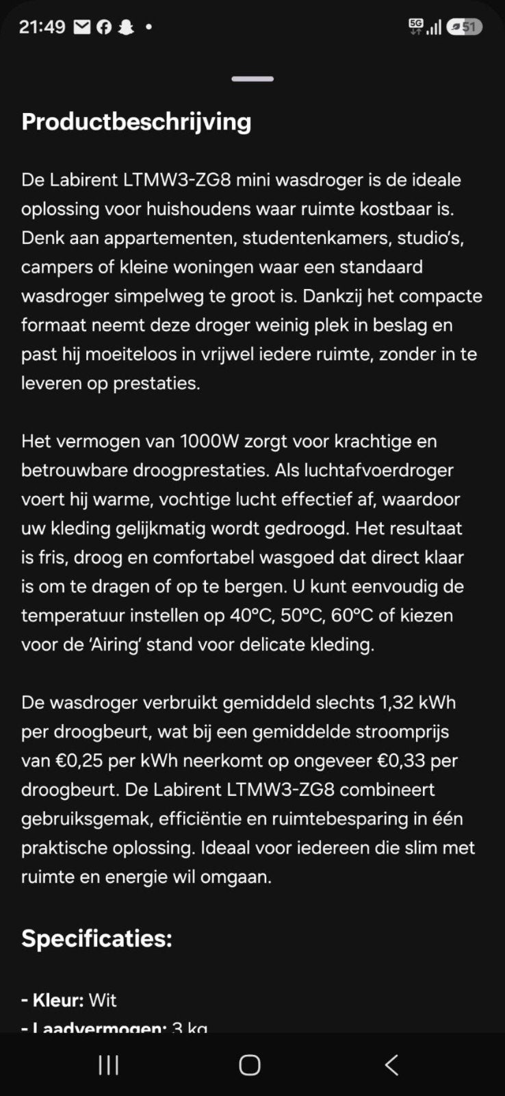 Labirent LTMW3-ZG8 Mini Wasdroger - 3kg - Luchtafvoer, Ophalen, Minder dan 85 cm, Luchtafvoer, Minder dan 4 kg