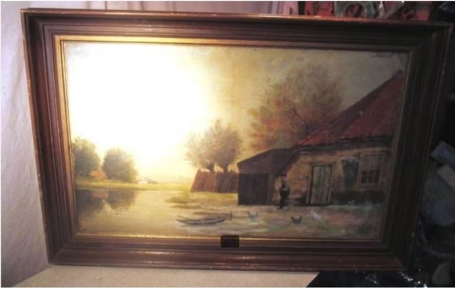 Mooi Oud Geschilderd Werk 'Rivier en Boerderij' - gesigneerd, Antiek en Kunst, Kunst | Schilderijen | Klassiek, Ophalen of Verzenden