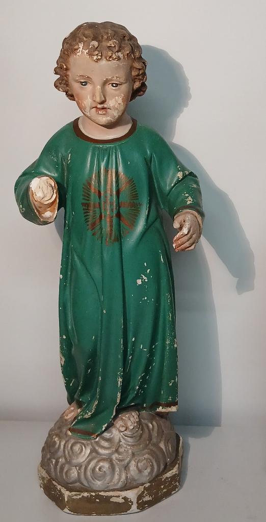 Oud Antiek Gips Beeld Baby Kindje Jezus op Aardbol Wolk 50cm, Ophalen of Verzenden