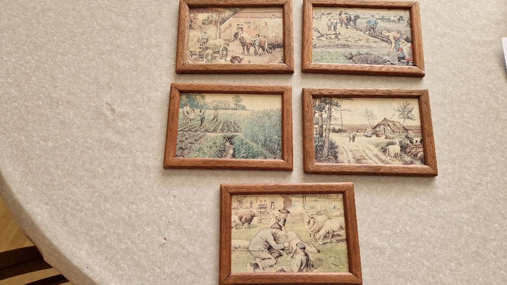 5 oude schilderijtjes prenten boerenleven, Ophalen of Verzenden