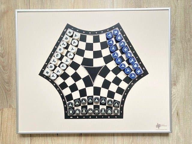 Schaakspel trio schaken (voor 3 pers.) - vintage ZELDZAAM, Ophalen of Verzenden, Minder dan 500 stukjes, Zo goed als nieuw, Schaken