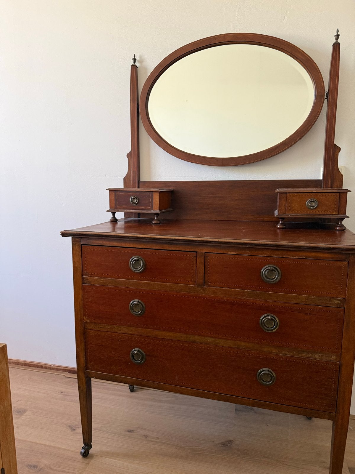Antieke mahonie kaptafel met spiegel en lades, Ophalen