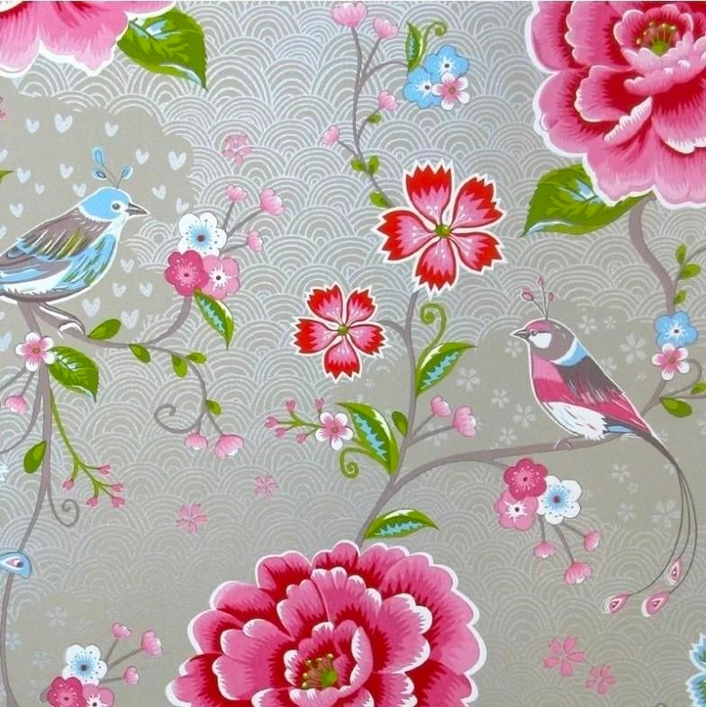 Eijffinger vliesbehang met vogels en bloemen kaki 1x, Ophalen of Verzenden, Rood