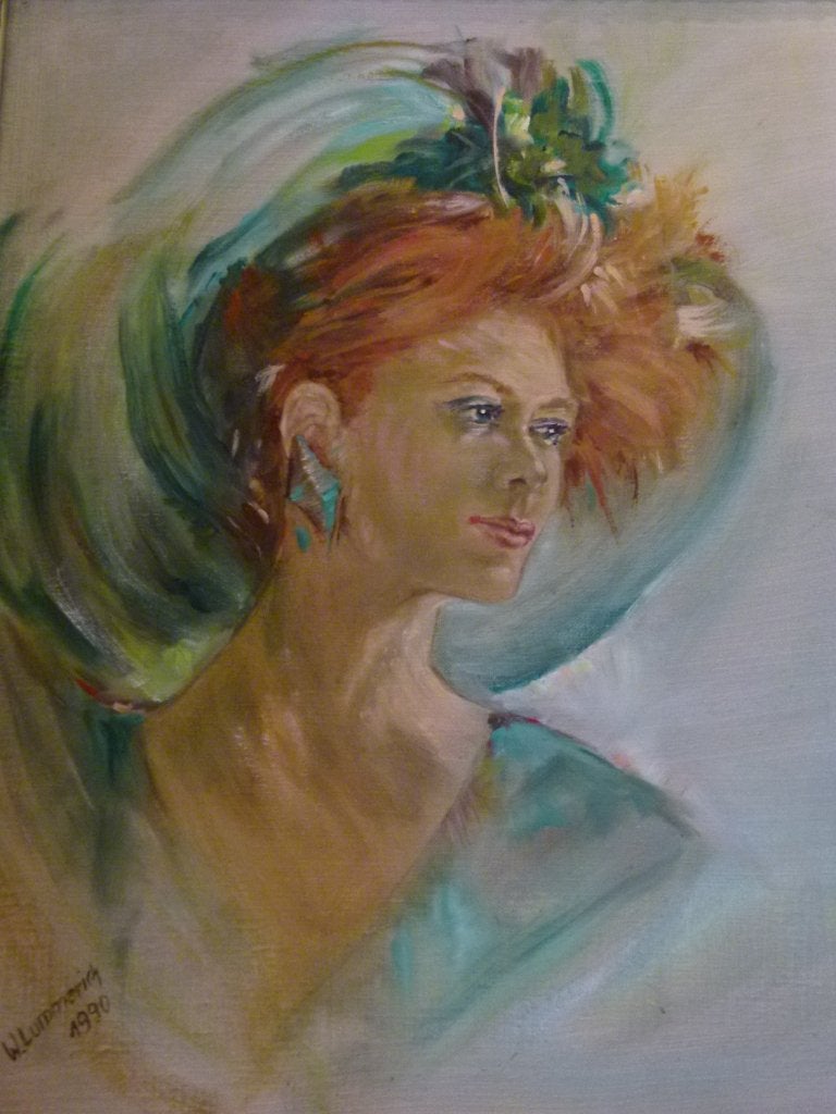 vintage schilderij Belle Epoque portret dame, Ophalen, 58 cm, Meerkleurig, Textiel