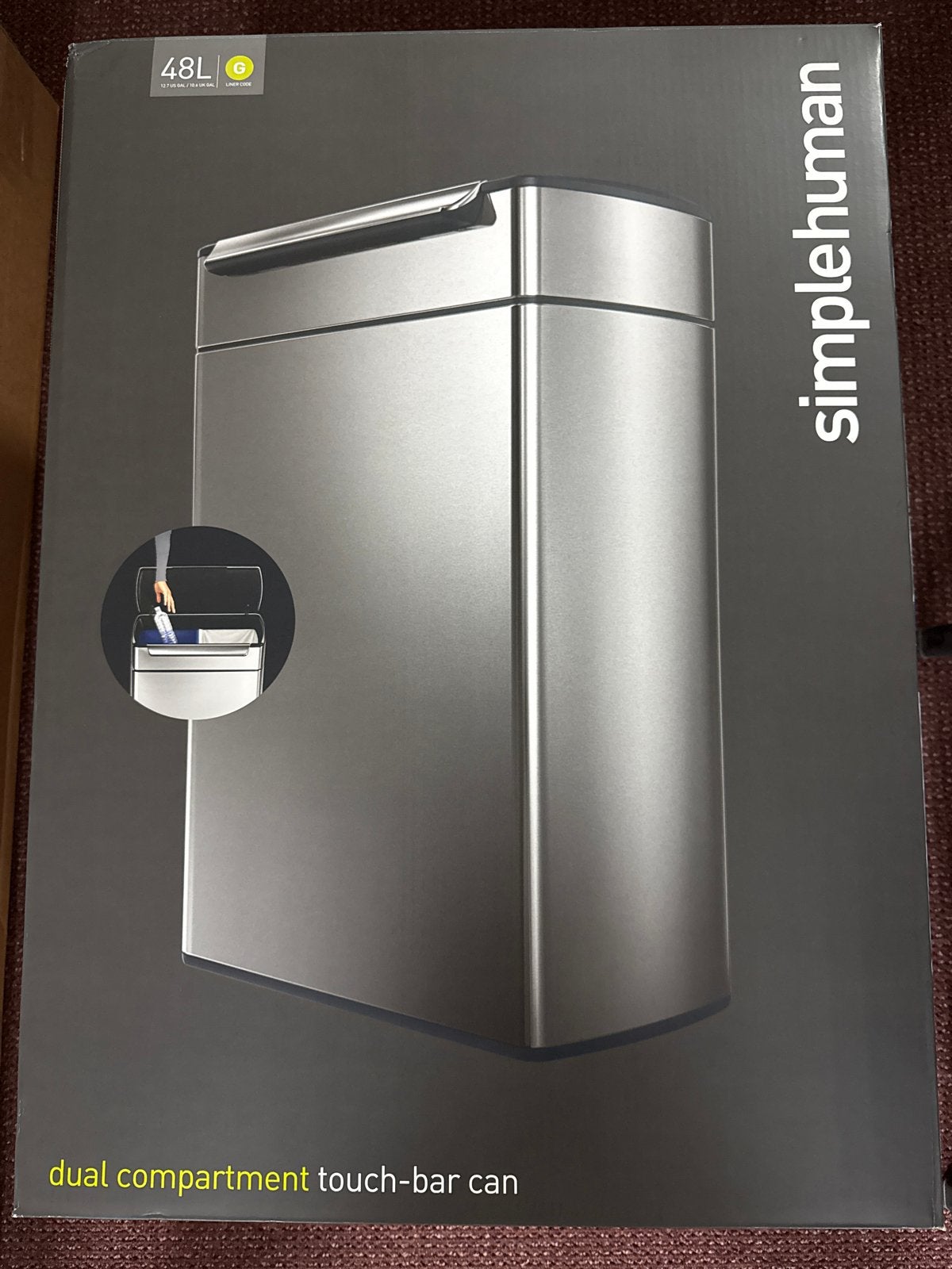 Simplehuman 48L Dual Compartment Touch-Bar Afvalemmer, Nieuw, 40 liter of meer, Ophalen of Verzenden, Metaal